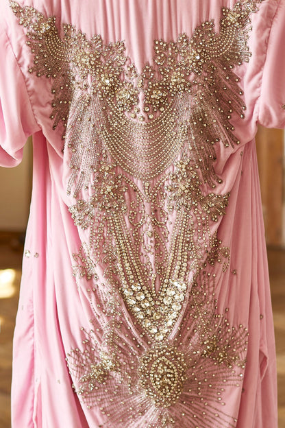 Pink velvet kimono, embroidered abaya, velvet kaftan, cape, cover, opera cloak