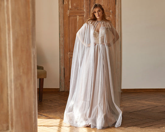 Silver wedding dress with Cape, Two pieces bridal set, V-shape corset gown with fit and flare dramatic train skirt, blush prom dress