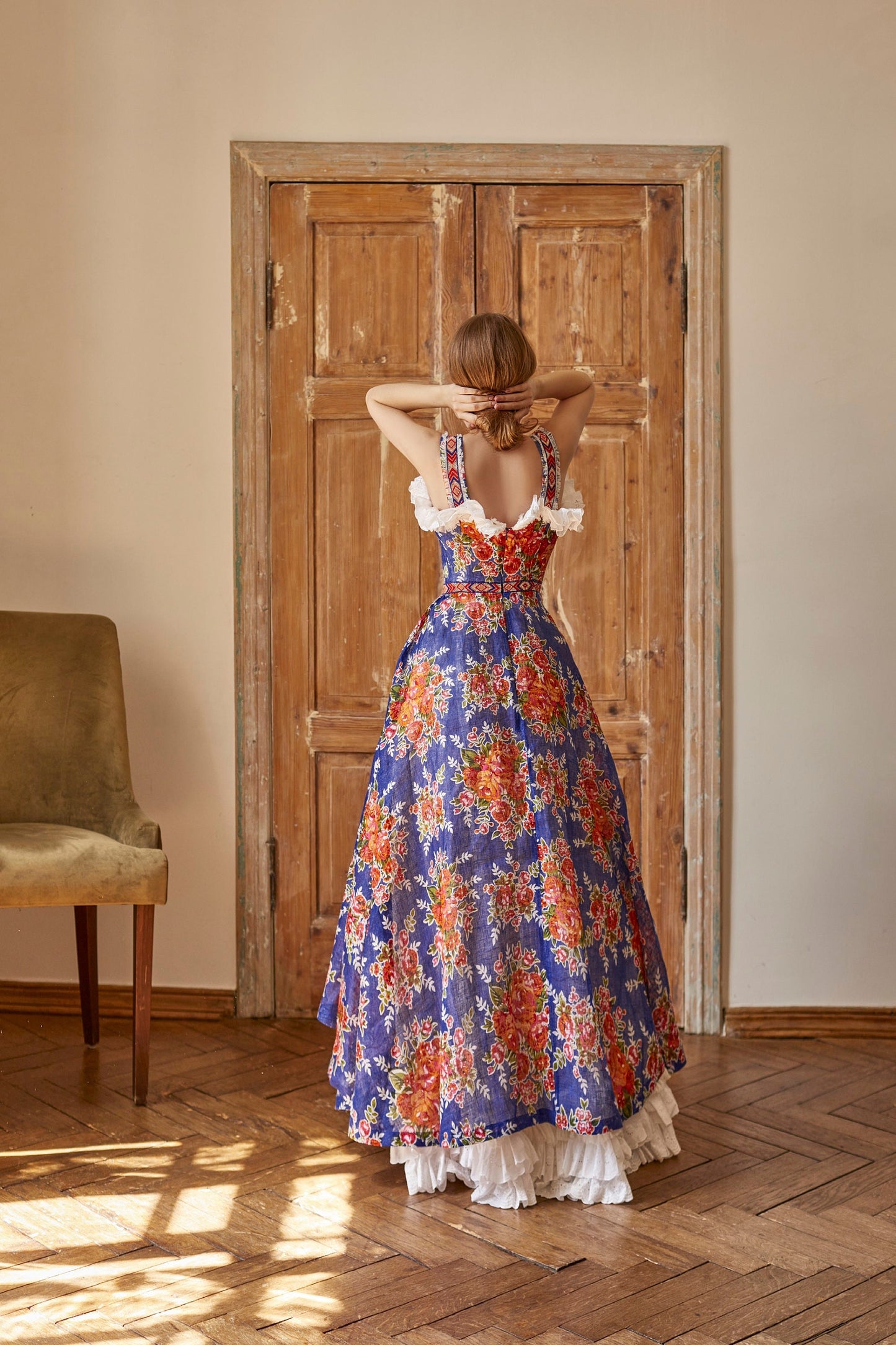 Linen wedding dress, folk wedding gown inspired by Ukrainian national costume, boho wedding dress, rustic wedding gown, floral wedding gown