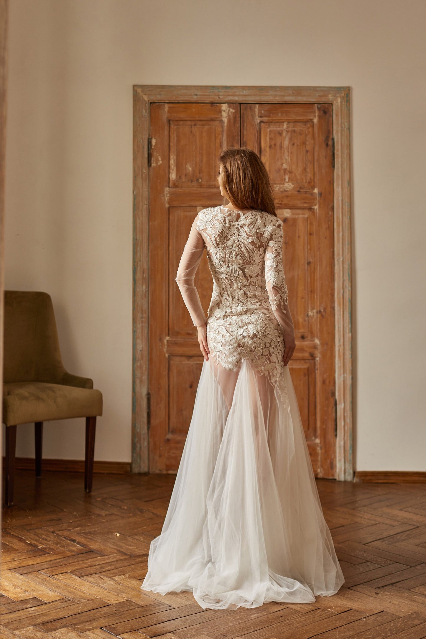 Floral wedding gown, tulle wedding dress, couture wedding dress, sheer wedding dress, bohemian bride wedding dress, bridal gown