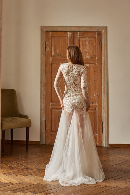 Floral wedding gown, tulle wedding dress, couture wedding dress, sheer wedding dress, bohemian bride wedding dress, bridal gown