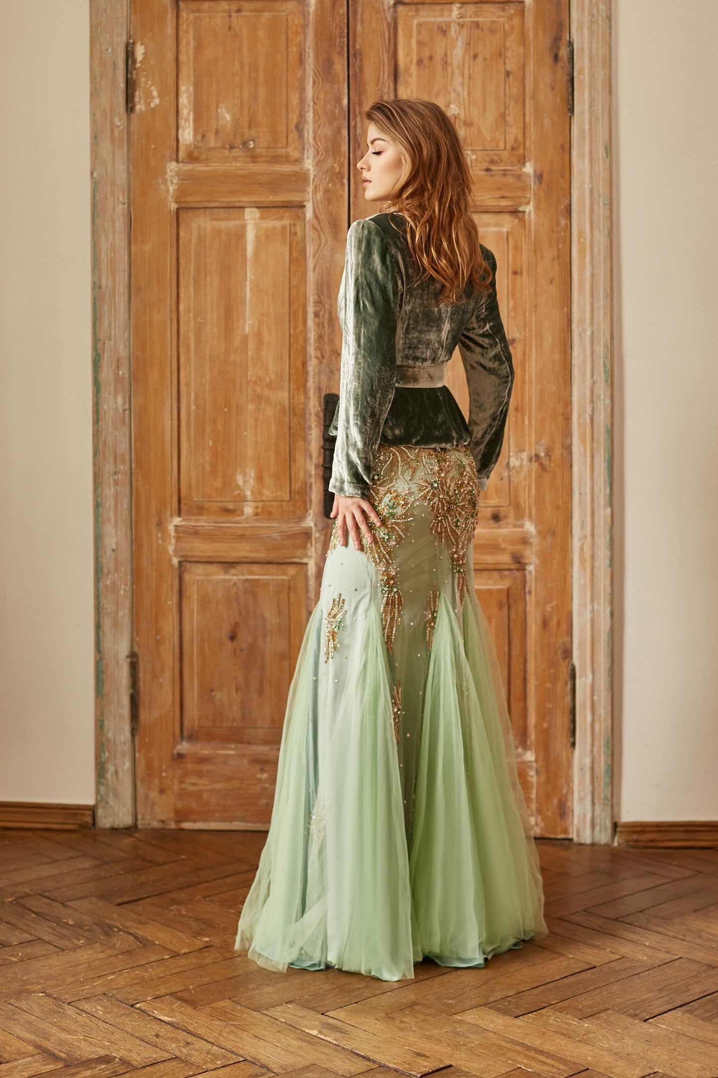 Emerald  wedding dress with long sleeves, couture evening gown, mermaid silhouette homecoming gown, heavy beaded prom dress, queen gown