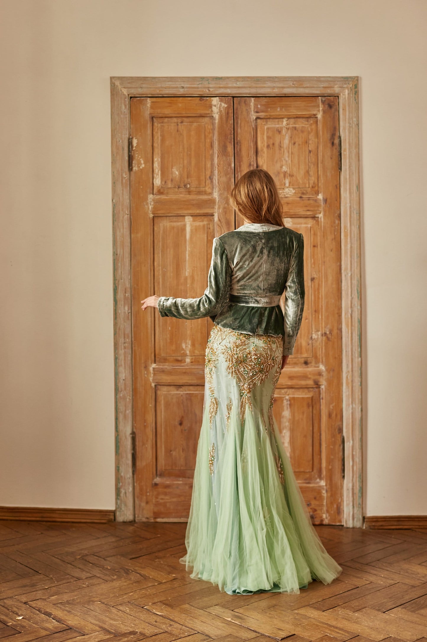 Emerald  wedding dress with long sleeves, couture evening gown, mermaid silhouette homecoming gown, heavy beaded prom dress, queen gown