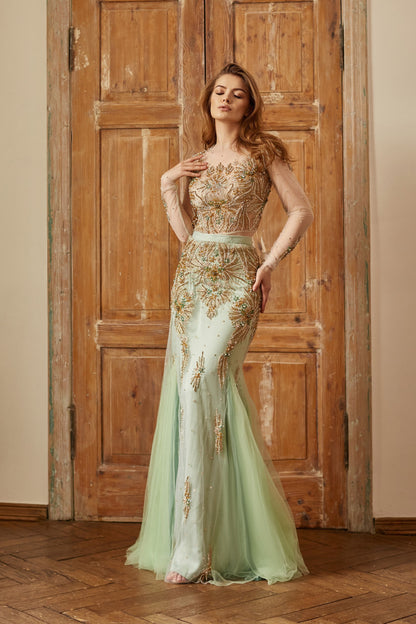 Emerald  wedding dress with long sleeves, couture evening gown, mermaid silhouette homecoming gown, heavy beaded prom dress, queen gown