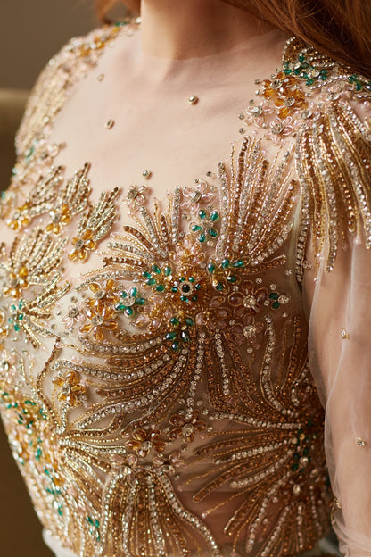Emerald  wedding dress with long sleeves, couture evening gown, mermaid silhouette homecoming gown, heavy beaded prom dress, queen gown