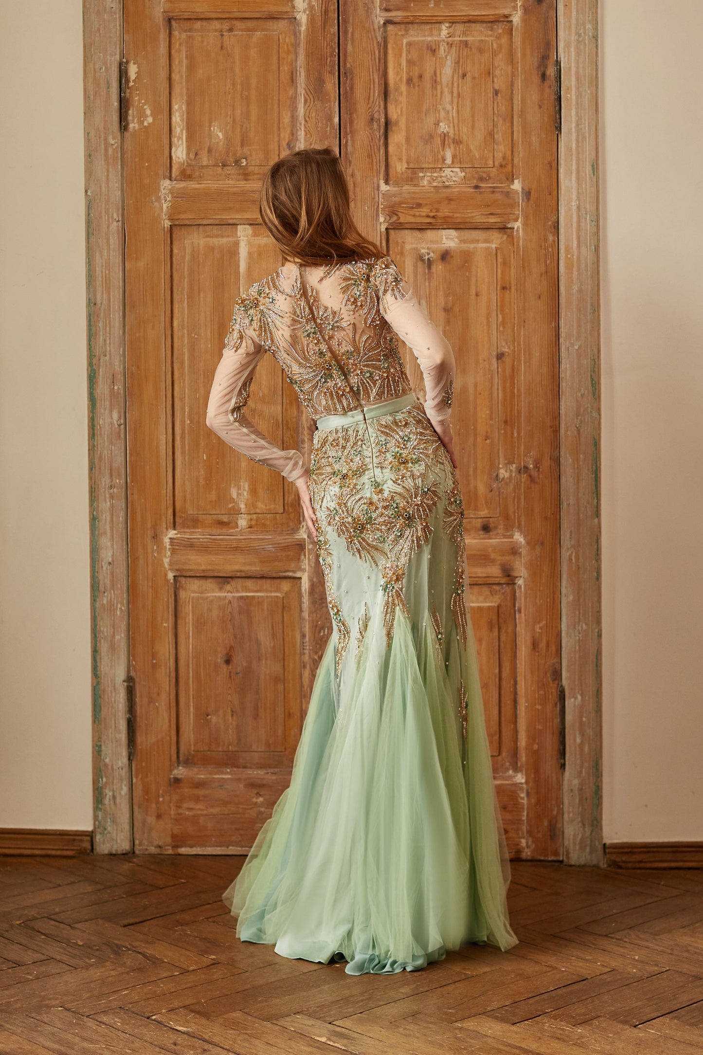 Emerald  wedding dress with long sleeves, couture evening gown, mermaid silhouette homecoming gown, heavy beaded prom dress, queen gown