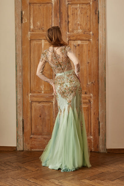 Emerald  wedding dress with long sleeves, couture evening gown, mermaid silhouette homecoming gown, heavy beaded prom dress, queen gown