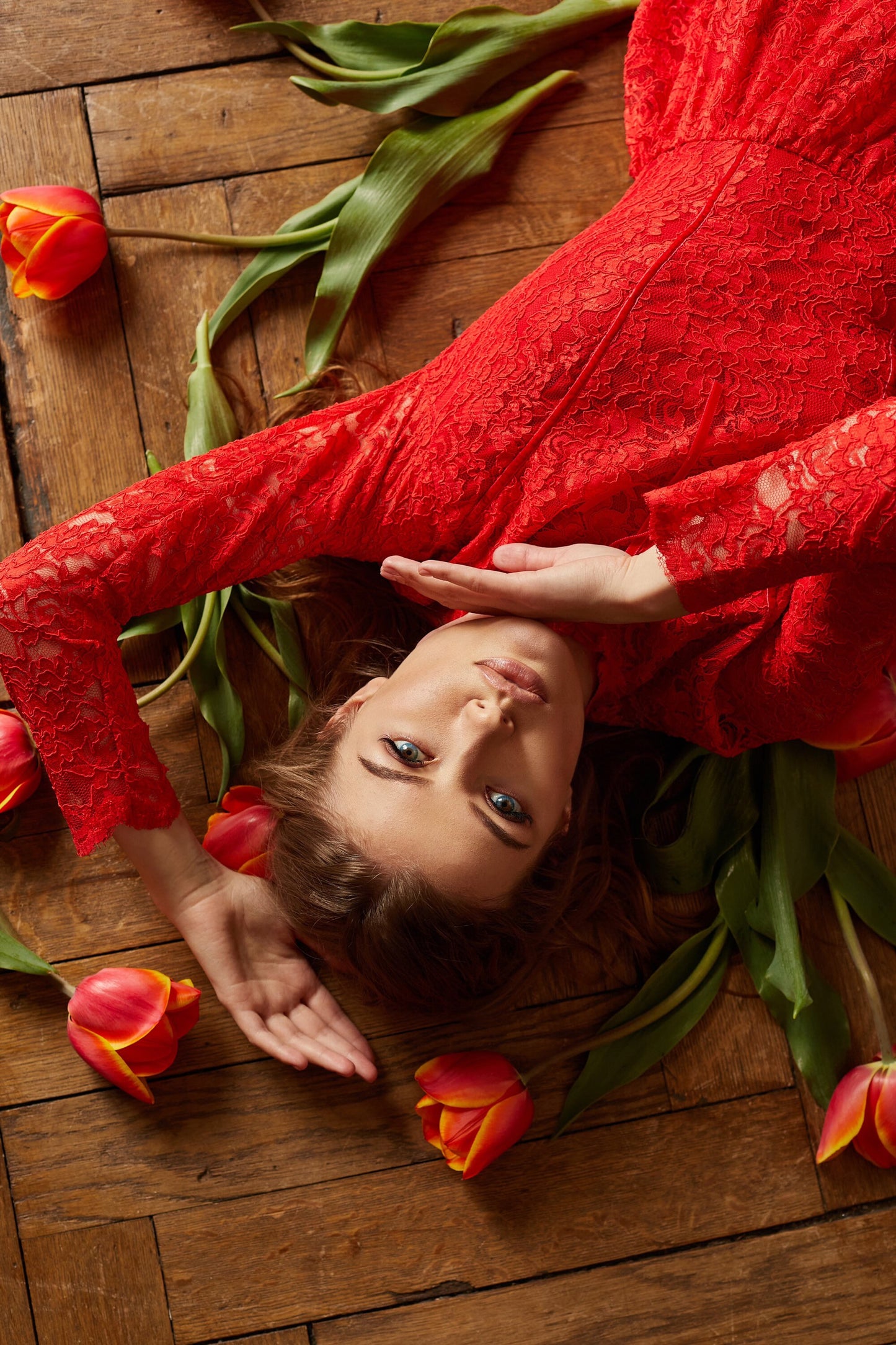 Boho Wedding Floor Length Romantic Dress / Red Bridesmaid Long Sleeve Evening Lace Dress / Floral Prom Couture Fit And Flare Cocktail Dress