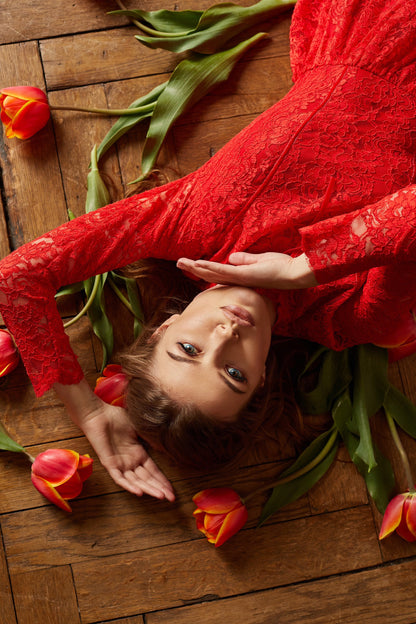 Boho Wedding Floor Length Romantic Dress / Red Bridesmaid Long Sleeve Evening Lace Dress / Floral Prom Couture Fit And Flare Cocktail Dress