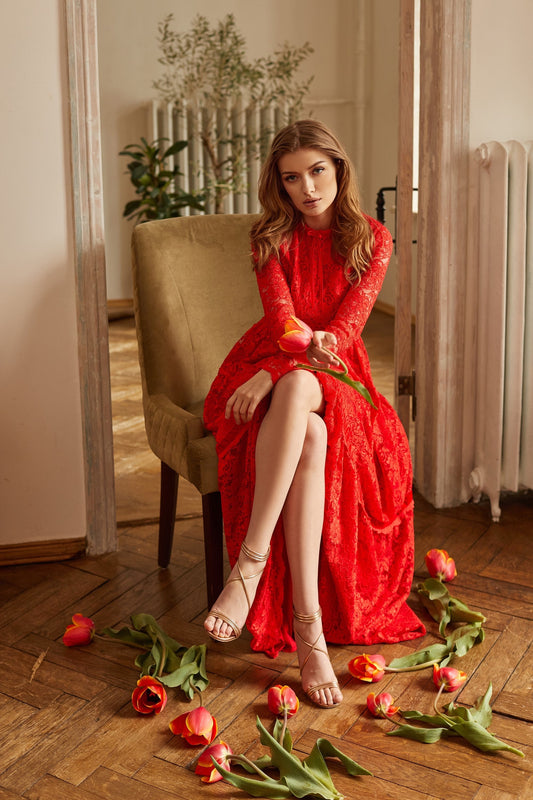 Boho Wedding Floor Length Romantic Dress / Red Bridesmaid Long Sleeve Evening Lace Dress / Floral Prom Couture Fit And Flare Cocktail Dress