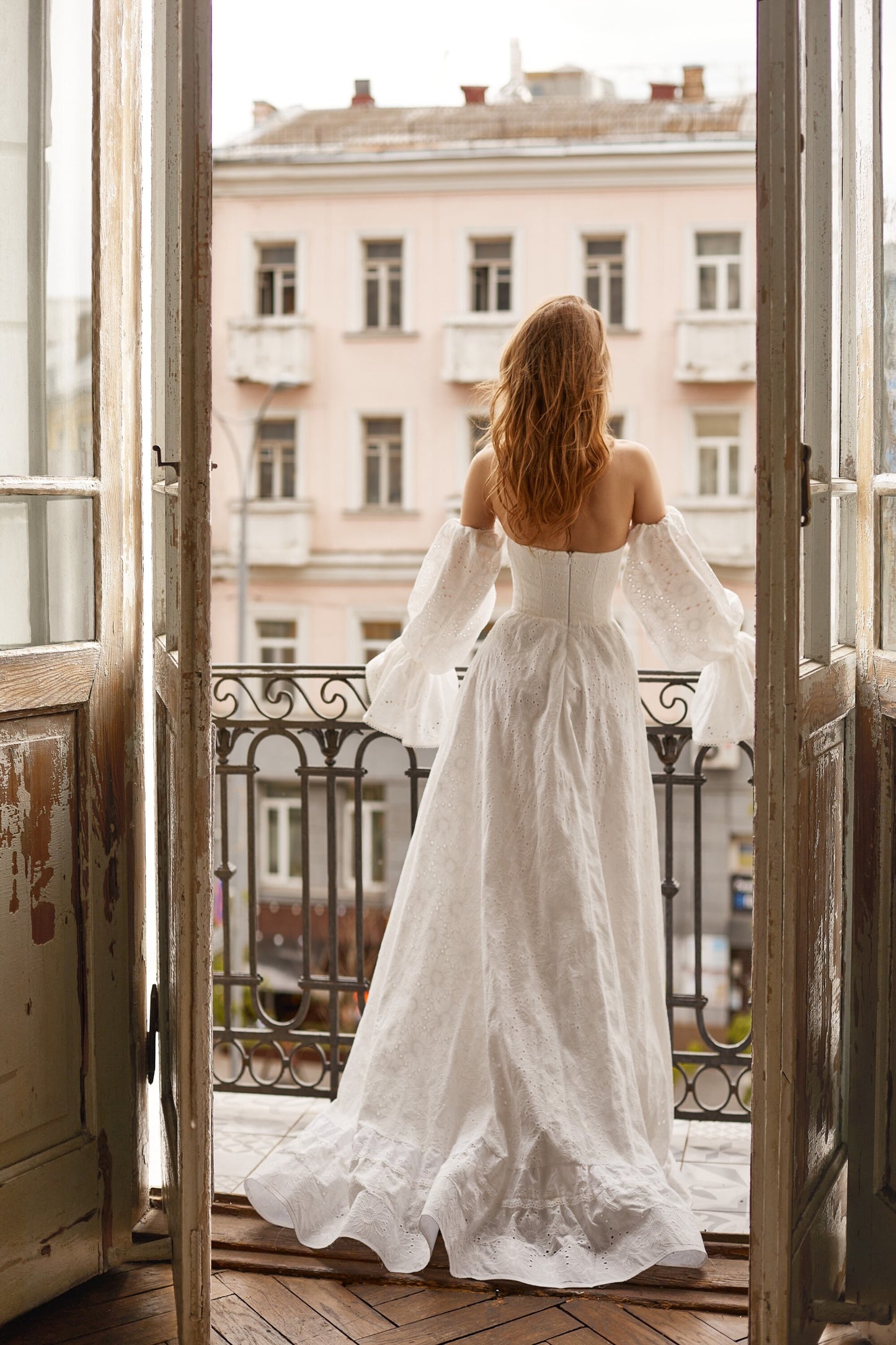 Bohemian wedding dress with detachable sleeves and floor length skirt with ruffles, Rustic wedding dress, country wedding dress