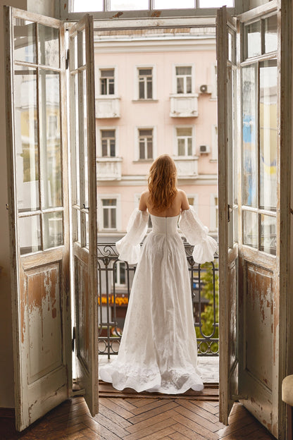Bohemian wedding dress with detachable sleeves and floor length skirt with ruffles, Rustic wedding dress, country wedding dress