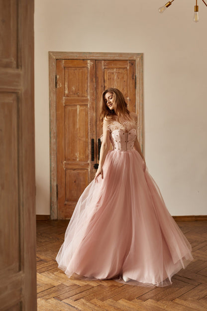 Pink feathers dress with corset bodice and fit and flare skirt, Prom tulle gown, Wedding guest dress, Homecoming dress, Evening dress