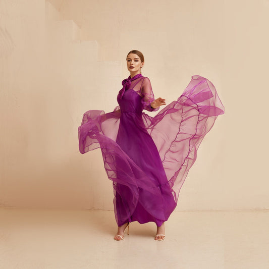 Organza fit and flare long purple dress with long sleeves and bow neck, Bridesmaid dress, Prom dress, Sheer gown, Alternative Wedding dress