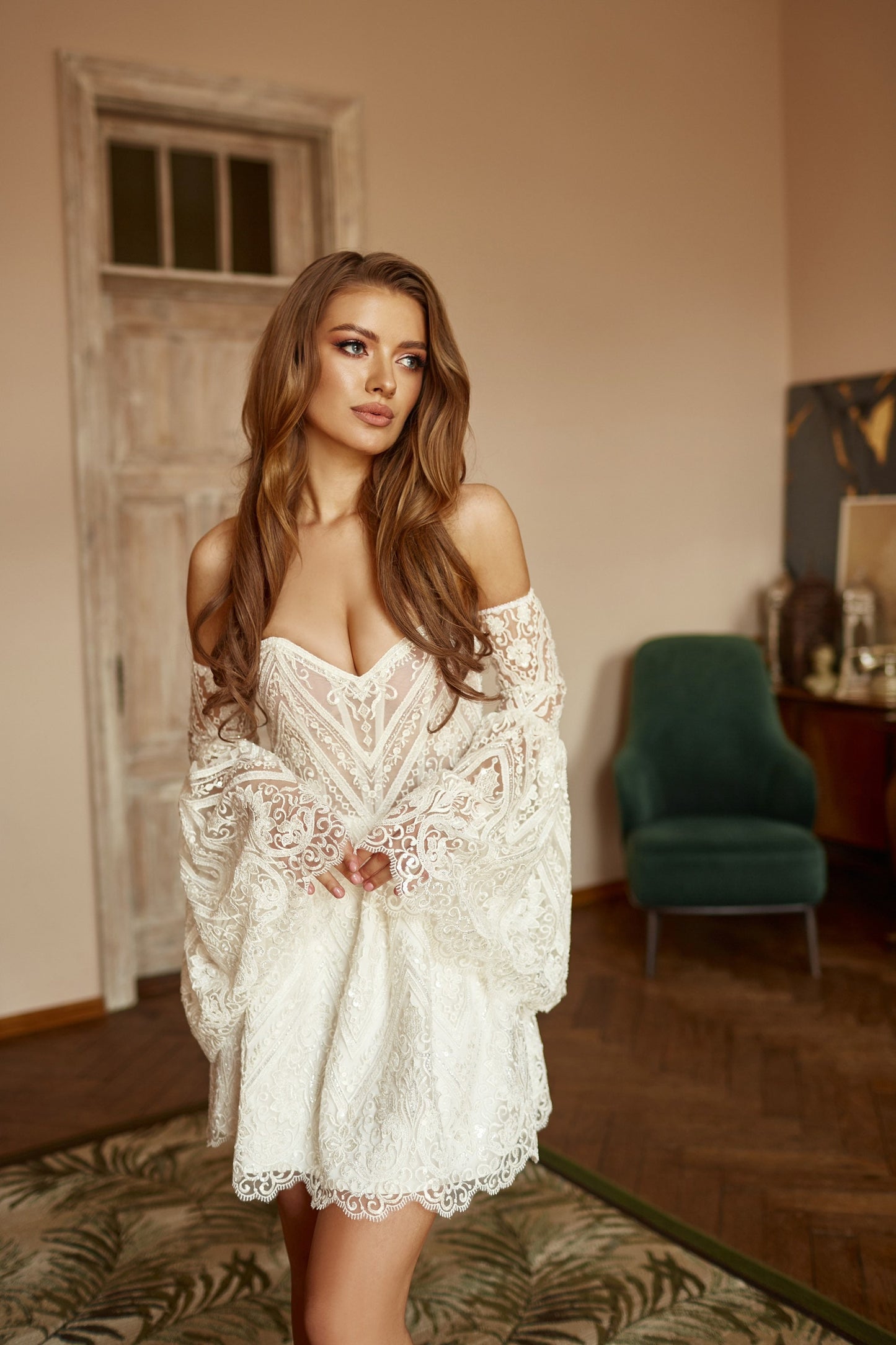 Short wedding dress with corset bodice detachable sleeves  and mini kirt, Lace wedding dress, Casual wedding dress, Bohemian wedding gown