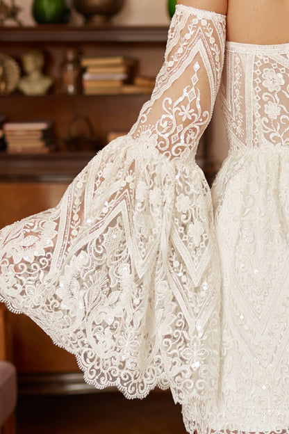Short wedding dress with corset bodice detachable sleeves  and mini kirt, Lace wedding dress, Casual wedding dress, Bohemian wedding gown