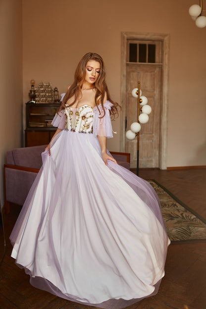 Alternative bride purple dress, Floral evening gown, Ombre prom dress with detachable sleeves, Bohemian wedding dress, Summer corset gown