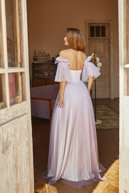 Alternative bride purple dress, Floral evening gown, Ombre prom dress with detachable sleeves, Bohemian wedding dress, Summer corset gown