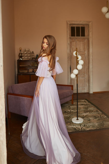 Alternative bride purple dress, Floral evening gown, Ombre prom dress with detachable sleeves, Bohemian wedding dress, Summer corset gown