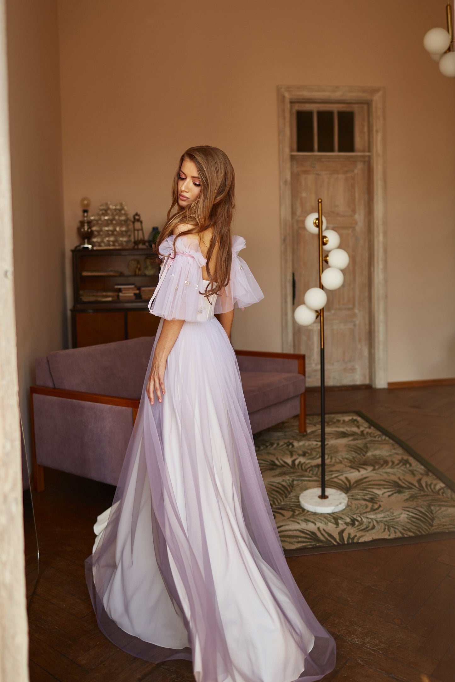 Alternative bride purple dress, Floral evening gown, Ombre prom dress with detachable sleeves, Bohemian wedding dress, Summer corset gown