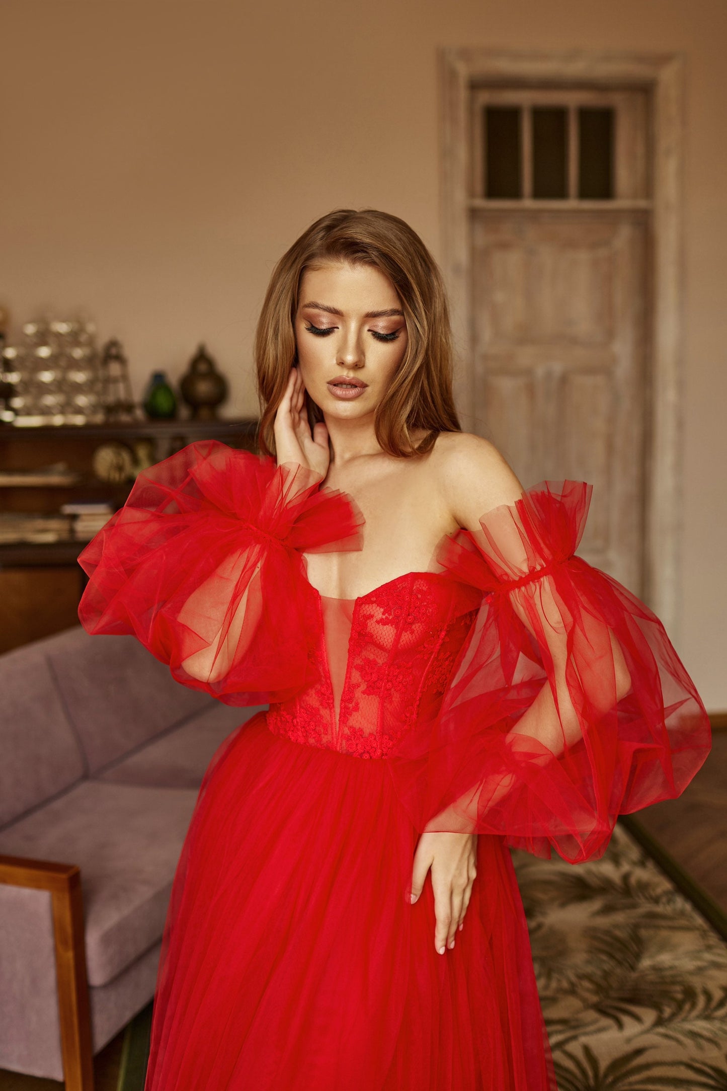 Red wedding dress, Alternative wedding dress, bohemian bride dress, Red lace prom dress, Red tulle evening dress, Alternative bride gown