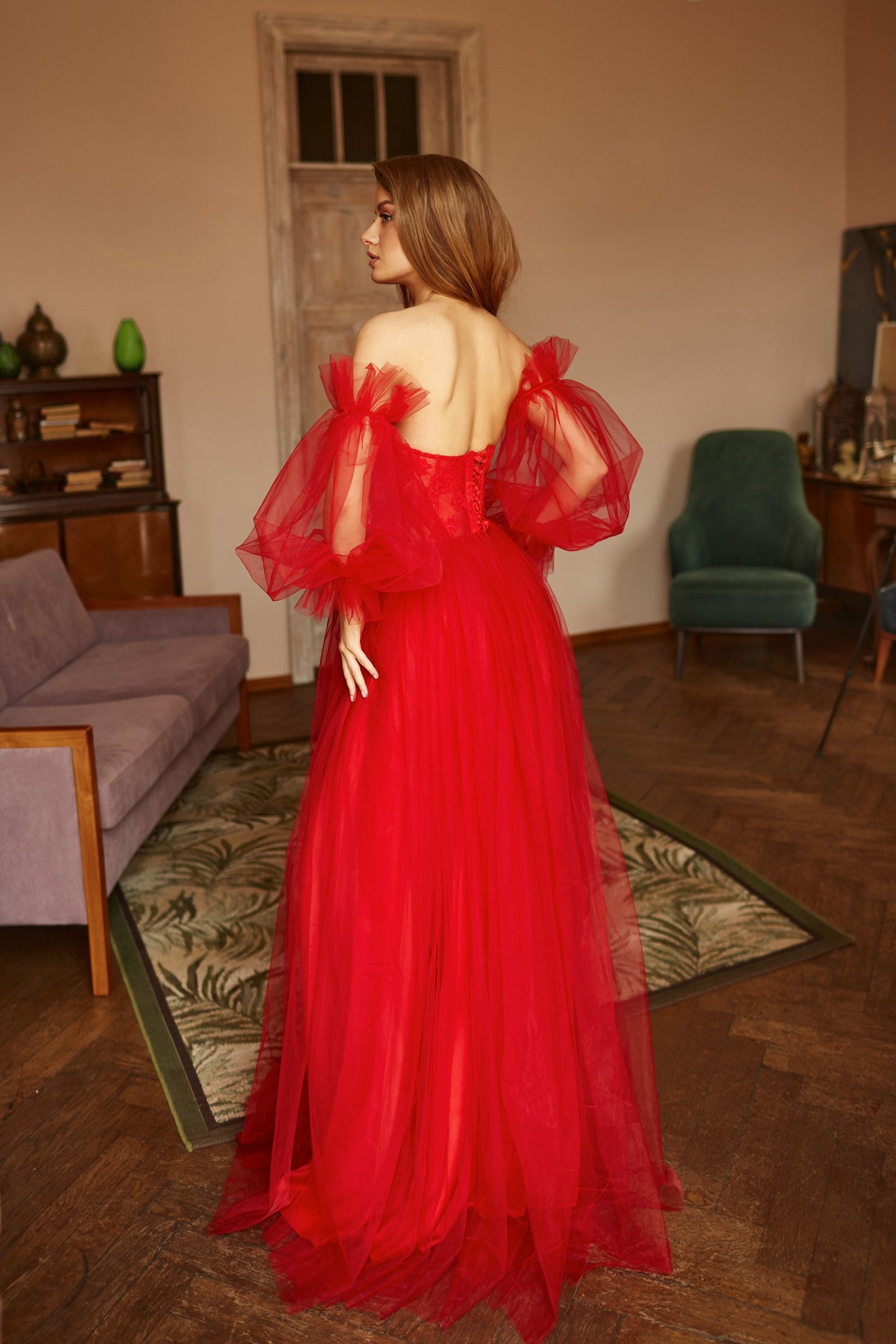 Red wedding dress, Alternative wedding dress, bohemian bride dress, Red lace prom dress, Red tulle evening dress, Alternative bride gown