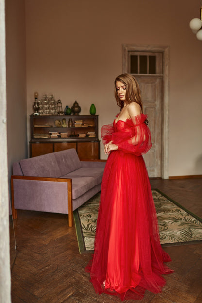 Red wedding dress, Alternative wedding dress, bohemian bride dress, Red lace prom dress, Red tulle evening dress, Alternative bride gown