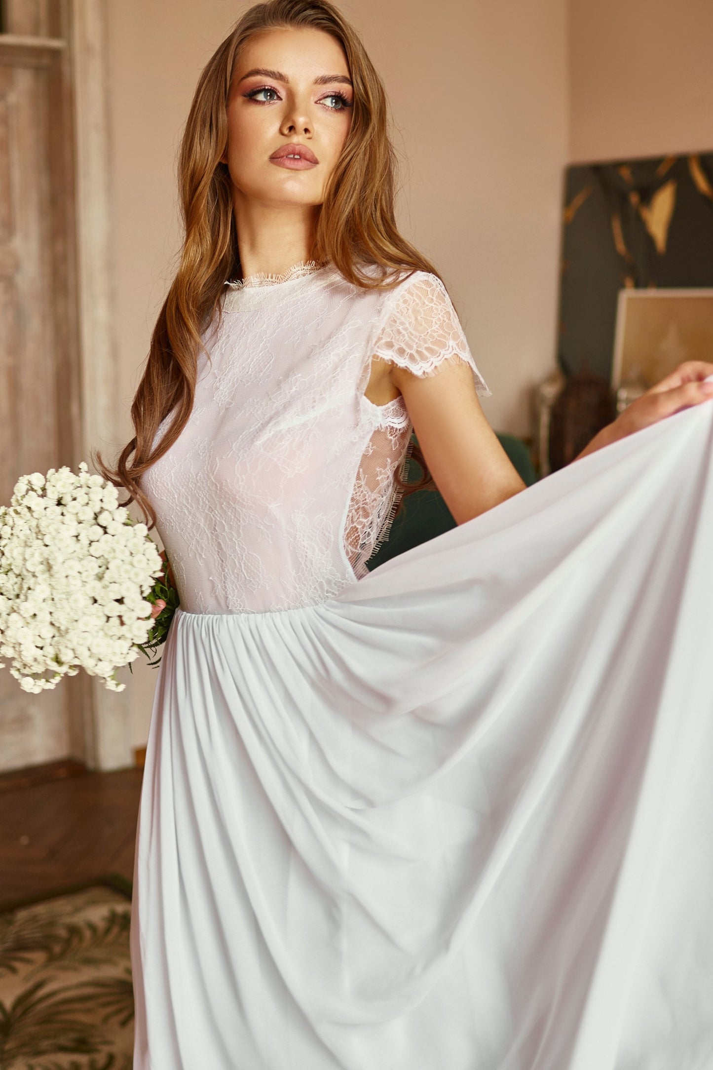 Wedding dress with lace top and open back, simple wedding dress, white fit and flare long dress, casual wedding dress, boho wedding dress
