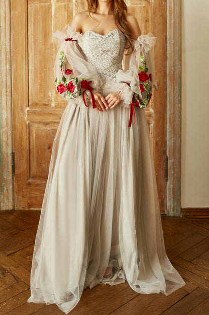 Bohemian wedding dress with detachable sleeves, Floral wedding dress, Grey wedding dress, Tulle wedding gown with floral embroidery