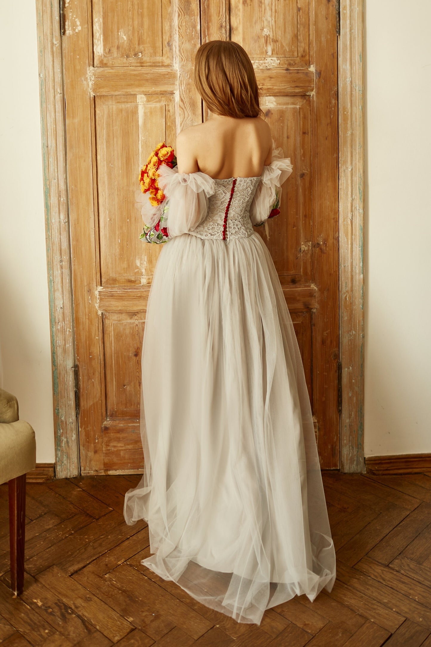 Bohemian wedding dress with detachable sleeves, Floral wedding dress, Grey wedding dress, Tulle wedding gown with floral embroidery