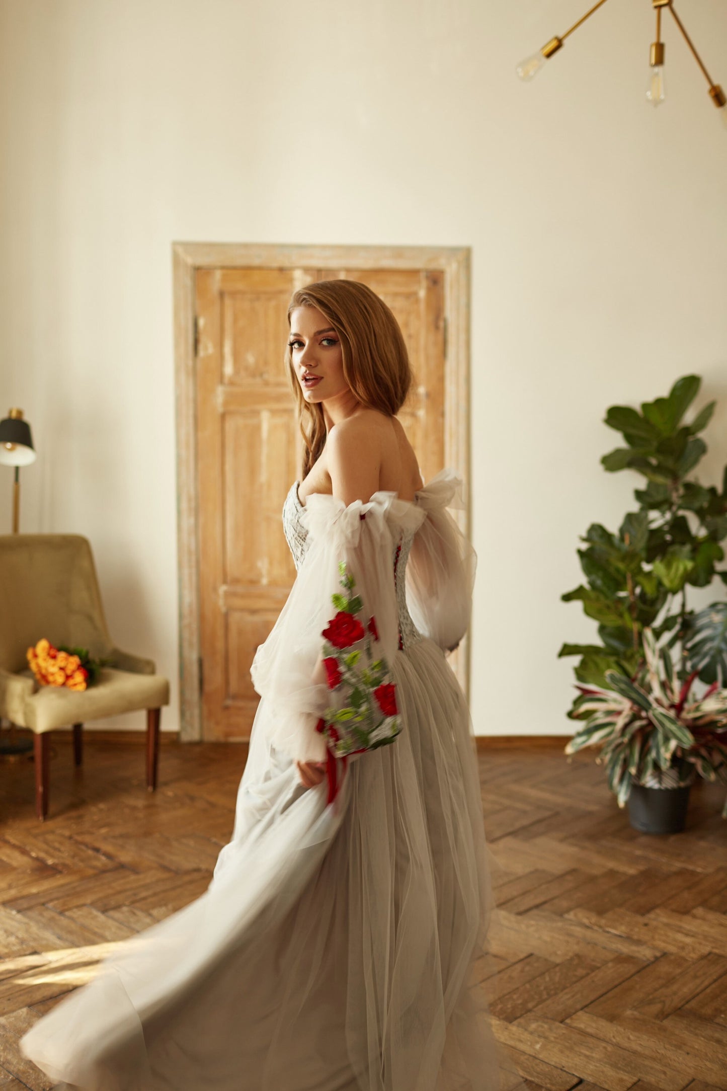 Bohemian wedding dress with detachable sleeves, Floral wedding dress, Grey wedding dress, Tulle wedding gown with floral embroidery