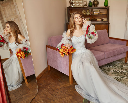 Bohemian wedding dress with detachable sleeves, Floral wedding dress, Grey wedding dress, Tulle wedding gown with floral embroidery