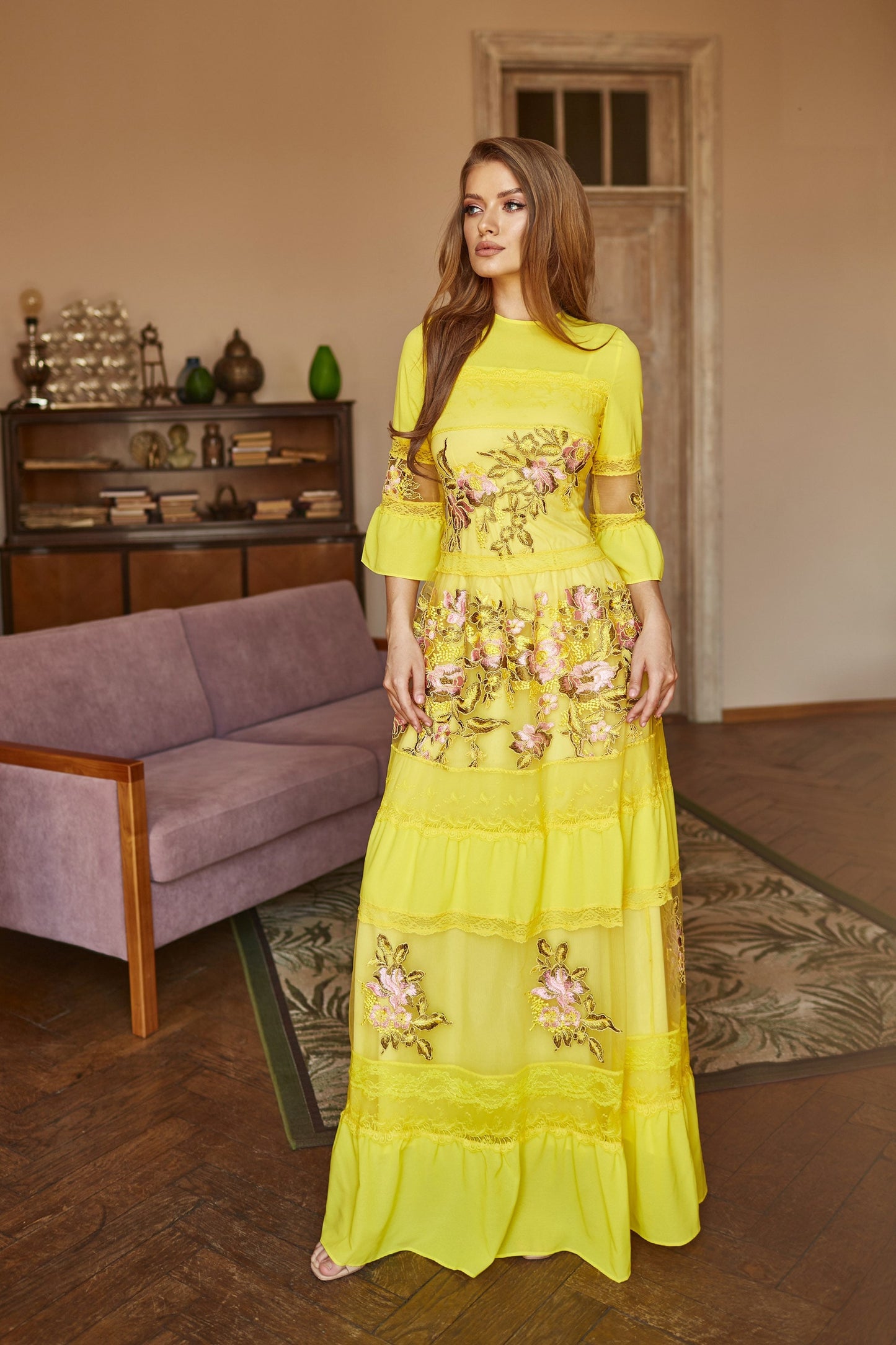Mother of  the bride dress, Yellow Wedding guest dress, lace gown with long sleeves, Bridesmaid dress, Bohemian wedding dress, Floral gown