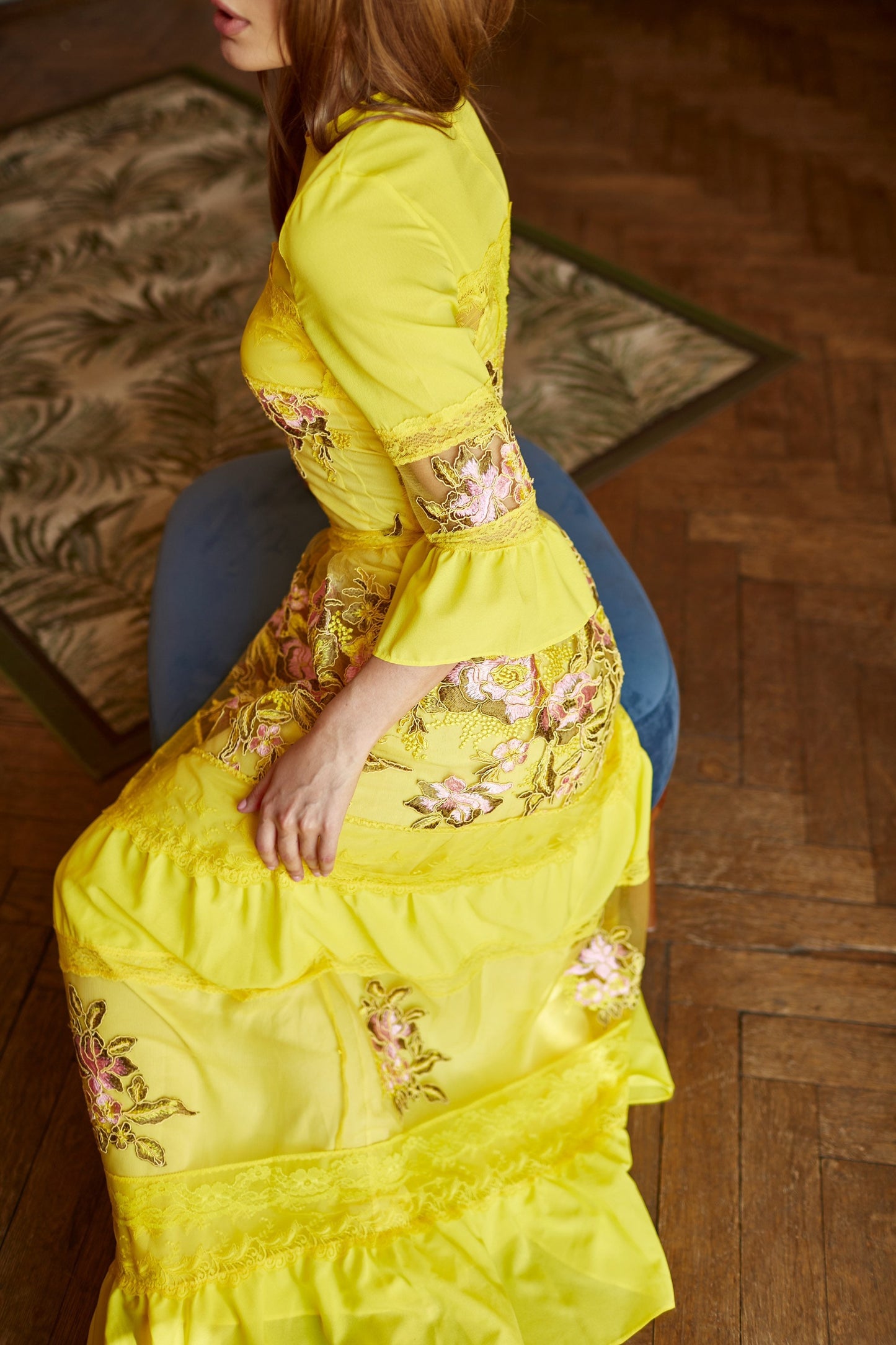 Mother of  the bride dress, Yellow Wedding guest dress, lace gown with long sleeves, Bridesmaid dress, Bohemian wedding dress, Floral gown