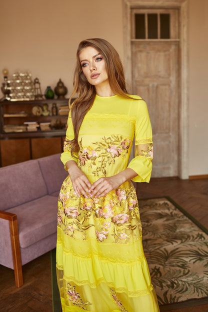 Mother of  the bride dress, Yellow Wedding guest dress, lace gown with long sleeves, Bridesmaid dress, Bohemian wedding dress, Floral gown