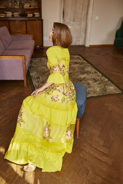 Mother of  the bride dress, Yellow Wedding guest dress, lace gown with long sleeves, Bridesmaid dress, Bohemian wedding dress, Floral gown