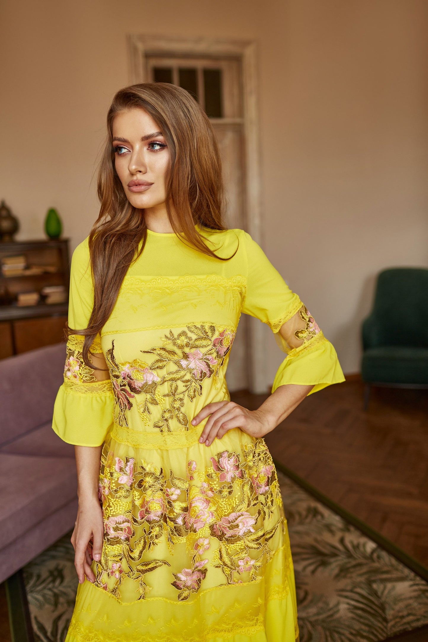 Mother of  the bride dress, Yellow Wedding guest dress, lace gown with long sleeves, Bridesmaid dress, Bohemian wedding dress, Floral gown