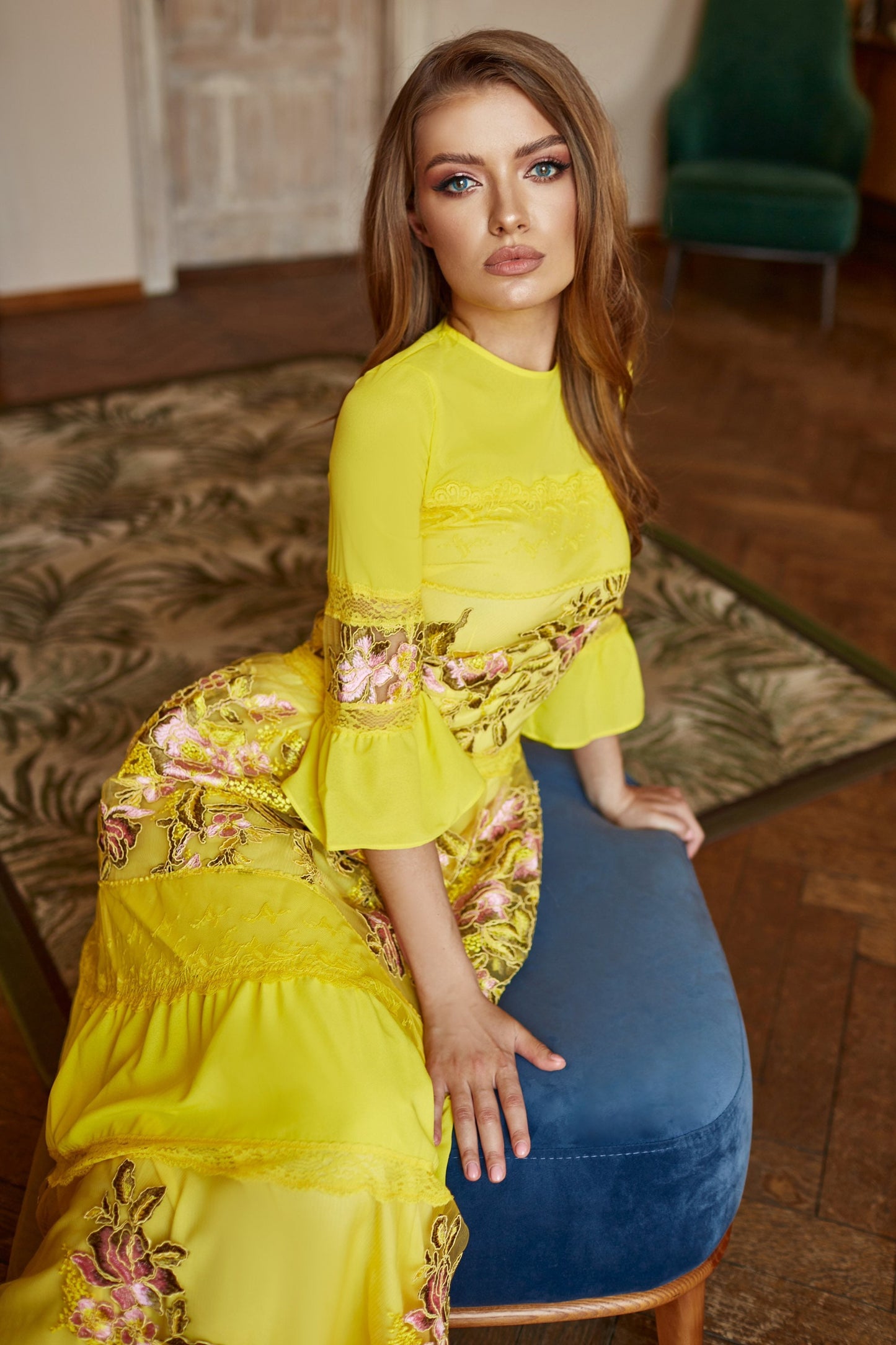 Mother of  the bride dress, Yellow Wedding guest dress, lace gown with long sleeves, Bridesmaid dress, Bohemian wedding dress, Floral gown