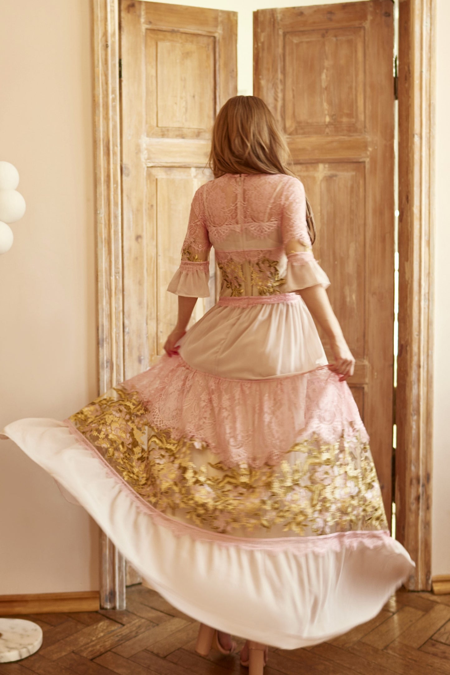 Beige  Wedding guest dress, lace gown with long sleeves, Bridesmaid dress, Bohemian wedding dress, Pink summer gown, Floral lace gown