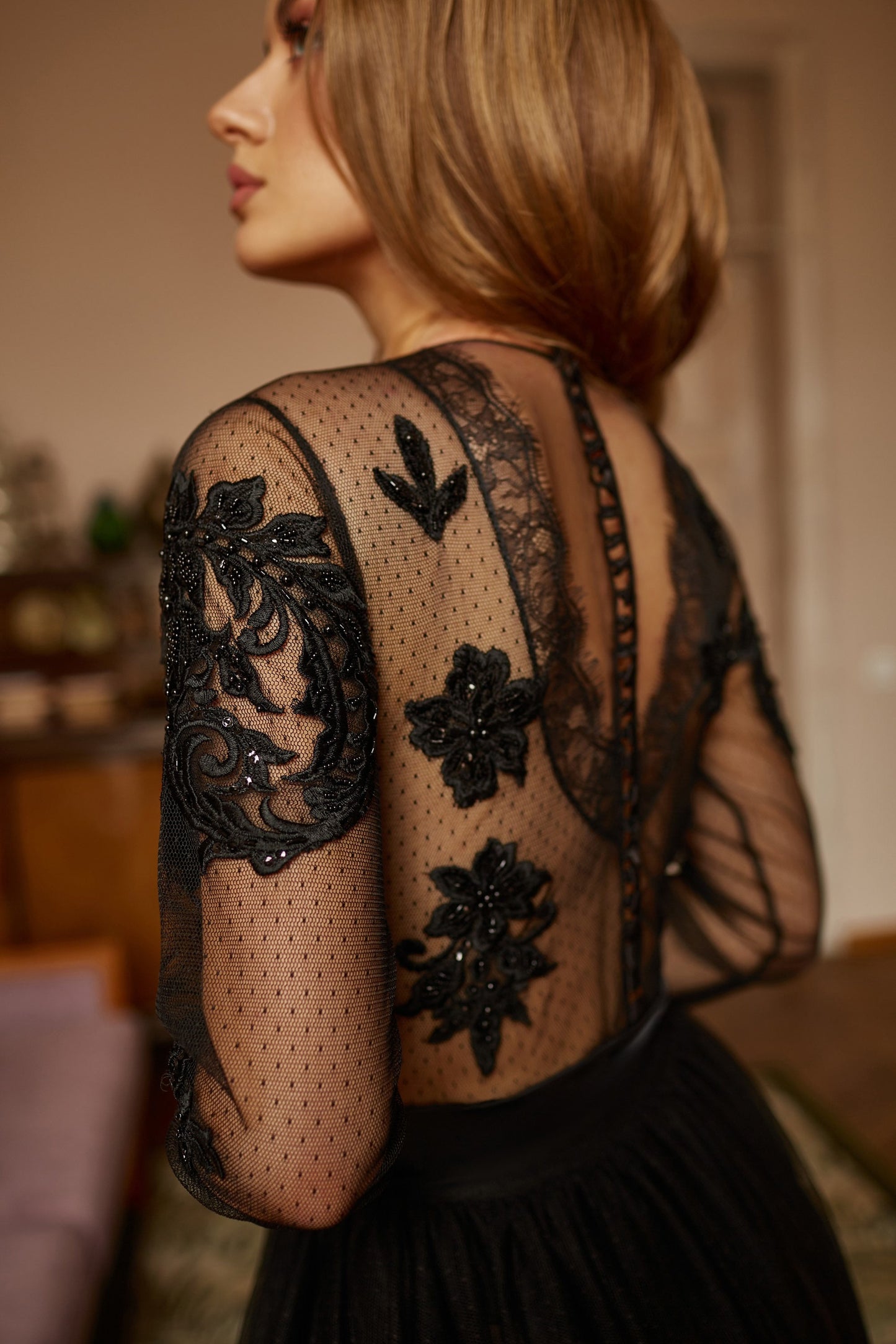 Black lace wedding bodysuit with long sleeves, gothic wedding separates, bohemian bride black gown, alternative wedding gown, wedding romper