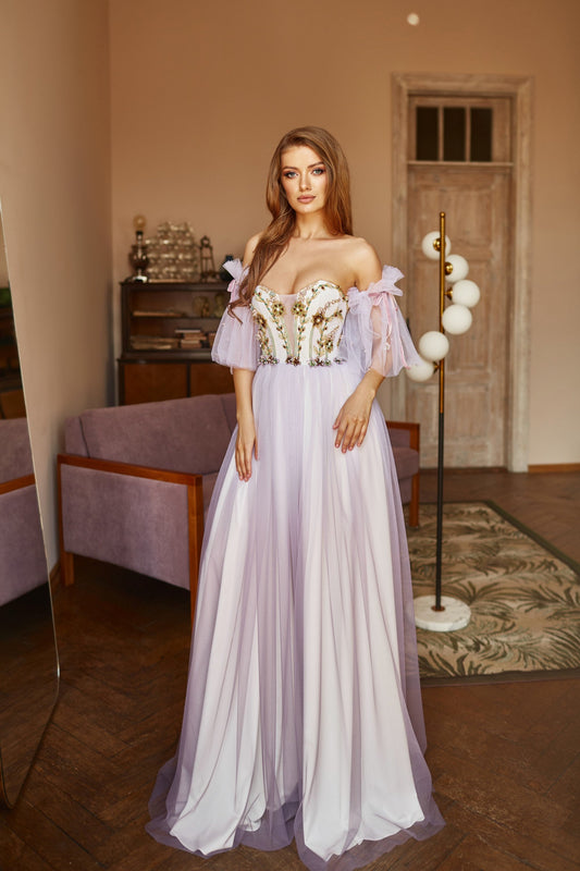 Alternative bride purple dress, Floral evening gown, Ombre prom dress with detachable sleeves, Bohemian wedding dress, Summer corset gown