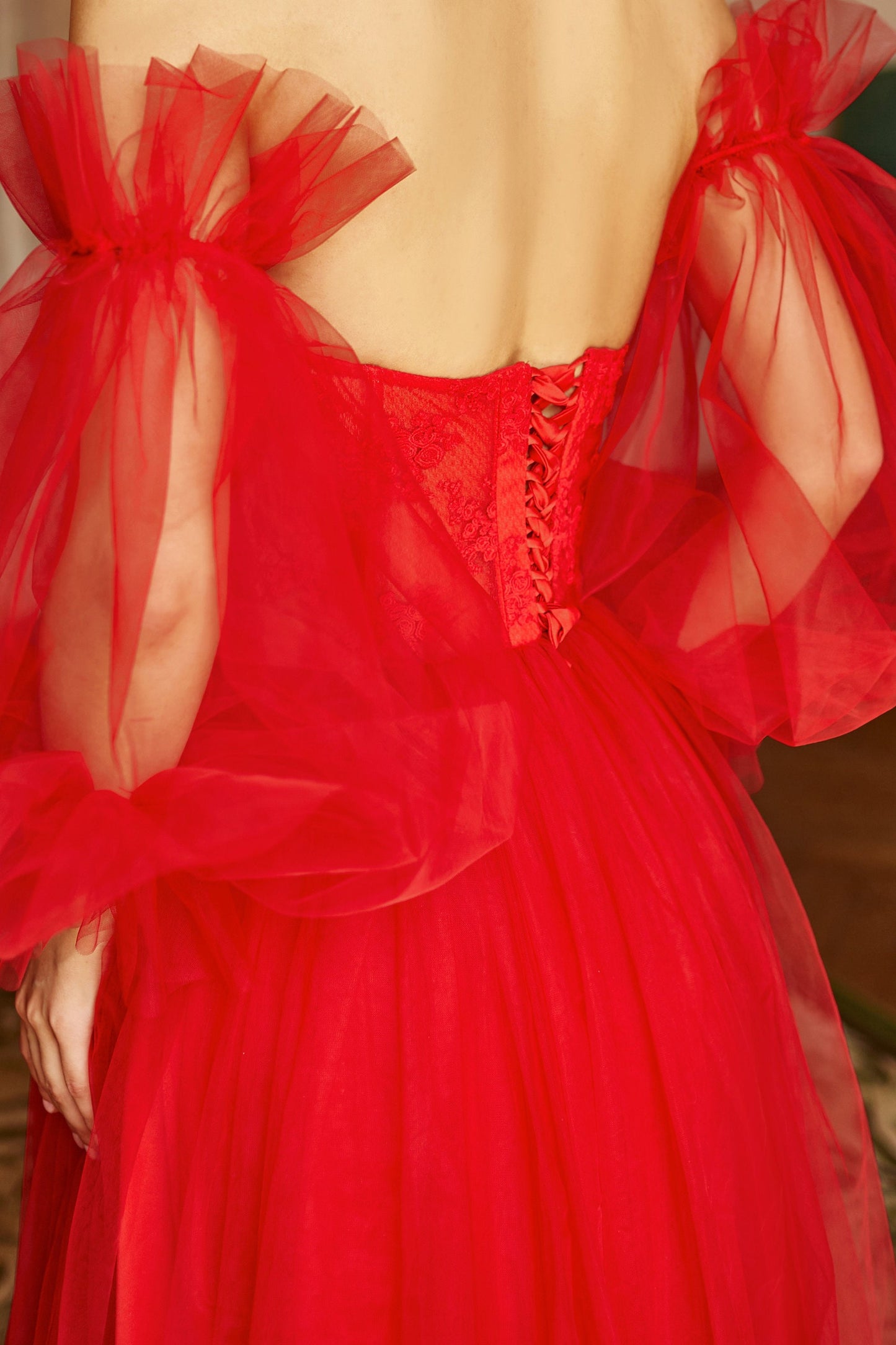 Red wedding dress, Alternative wedding dress, bohemian bride dress, Red lace prom dress, Red tulle evening dress, Alternative bride gown