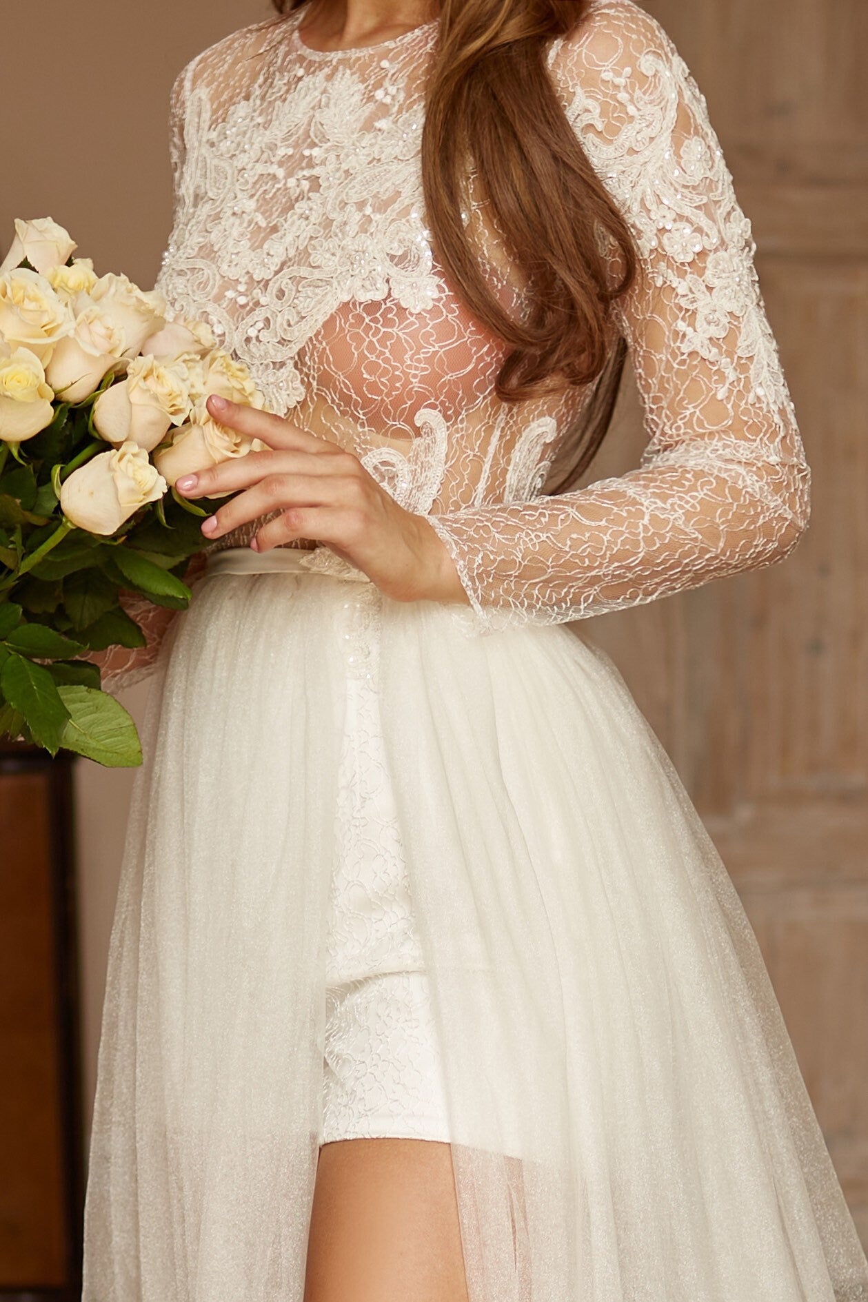 Wedding romper with long sleeves, embroidered bridal bodysuit, lace bodysuit, wedding separates, bohemian  wedding jumpsuit  long sleeves