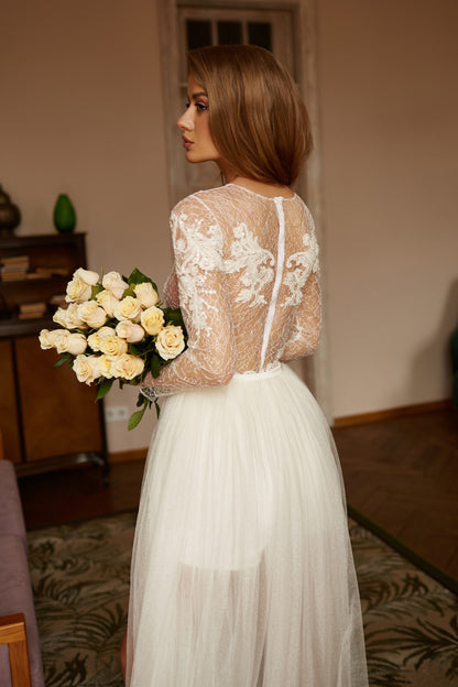Wedding romper with long sleeves, embroidered bridal bodysuit, lace bodysuit, wedding separates, bohemian  wedding jumpsuit  long sleeves