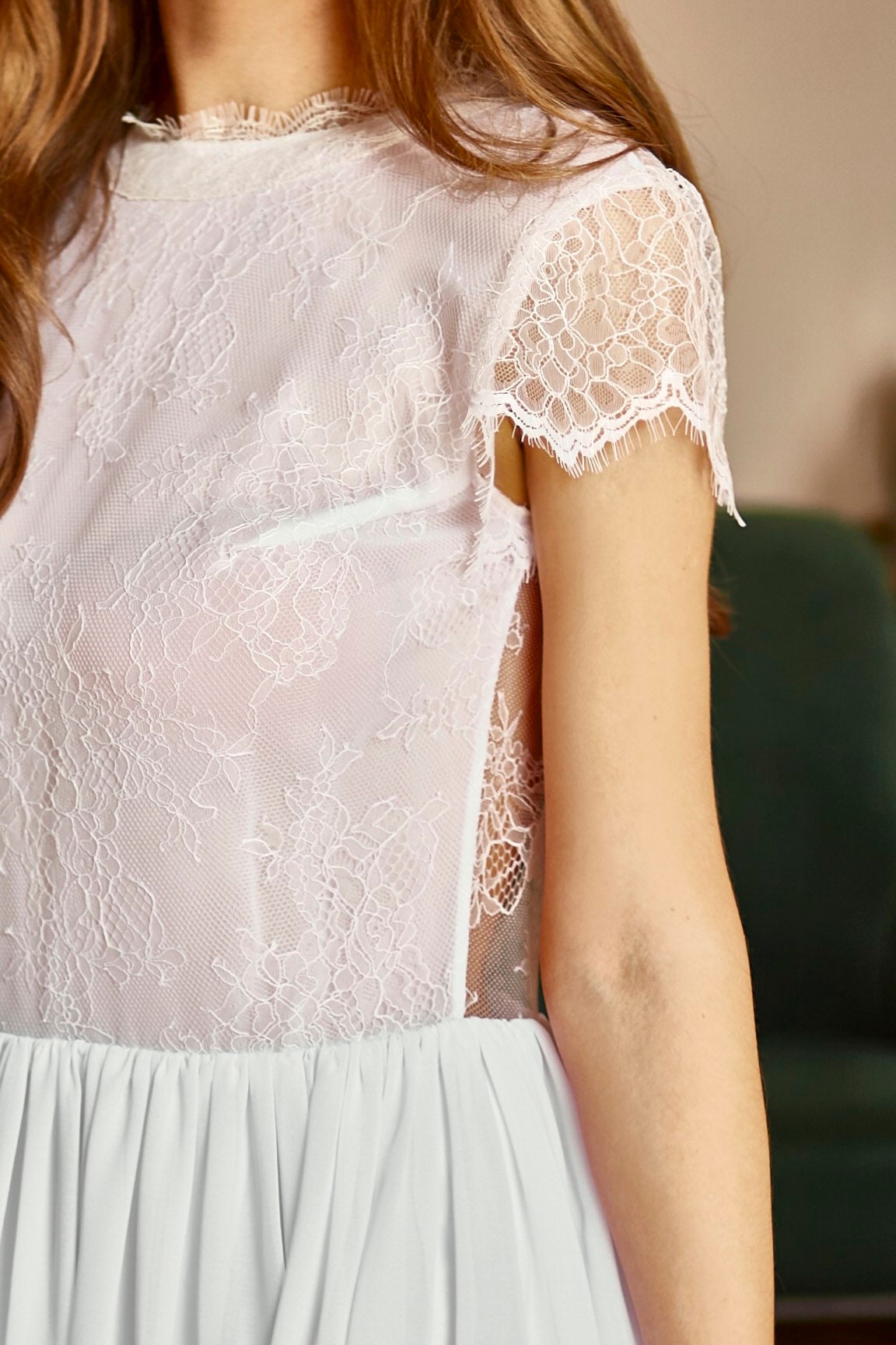 Wedding dress with lace top and open back, simple wedding dress, white fit and flare long dress, casual wedding dress, boho wedding dress