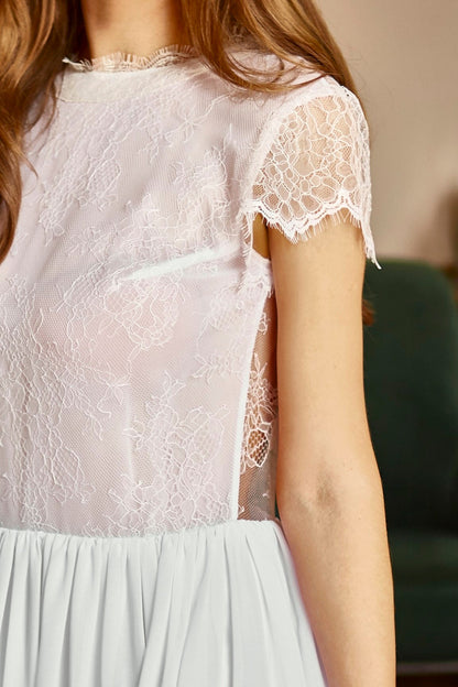 Wedding dress with lace top and open back, simple wedding dress, white fit and flare long dress, casual wedding dress, boho wedding dress