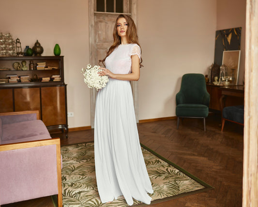 Simple wedding dress with lace top and open back.Fit and flare chiffon skirt. Modest gown for bohemian bride.