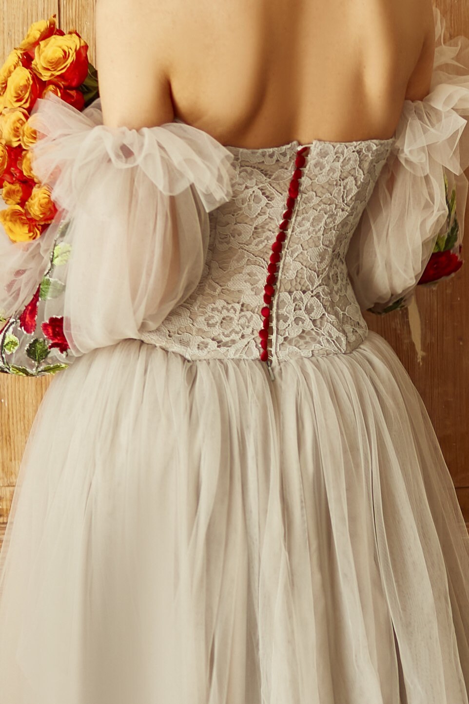 Bohemian wedding dress with detachable sleeves, Floral wedding dress, Grey wedding dress, Tulle wedding gown with floral embroidery