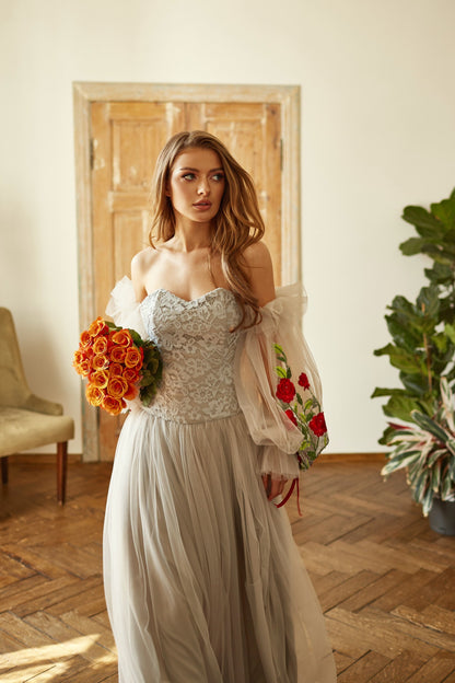 Bohemian wedding dress with detachable sleeves, Floral wedding dress, Grey wedding dress, Tulle wedding gown with floral embroidery