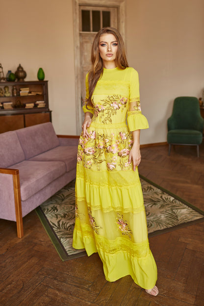 Mother of  the bride dress, Yellow Wedding guest dress, lace gown with long sleeves, Bridesmaid dress, Bohemian wedding dress, Floral gown